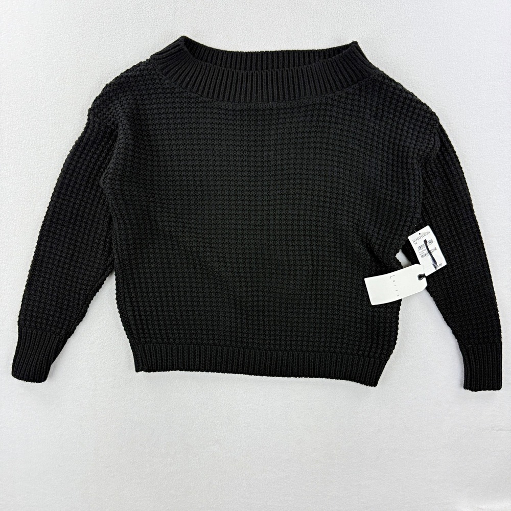 Leith Waffle Knit Boat Neck Long Sleeve Pullover Sweater Black Size XS Women NEW